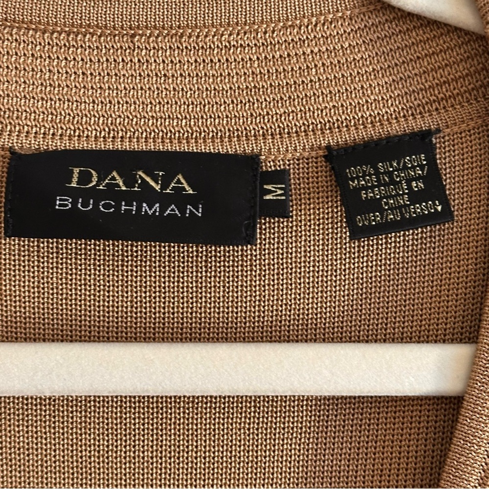 Vintage 100% Silk Dana Buchman Fine Knit Textured Gold Zip Up Cardigan, Size M - Picture 2 of 7